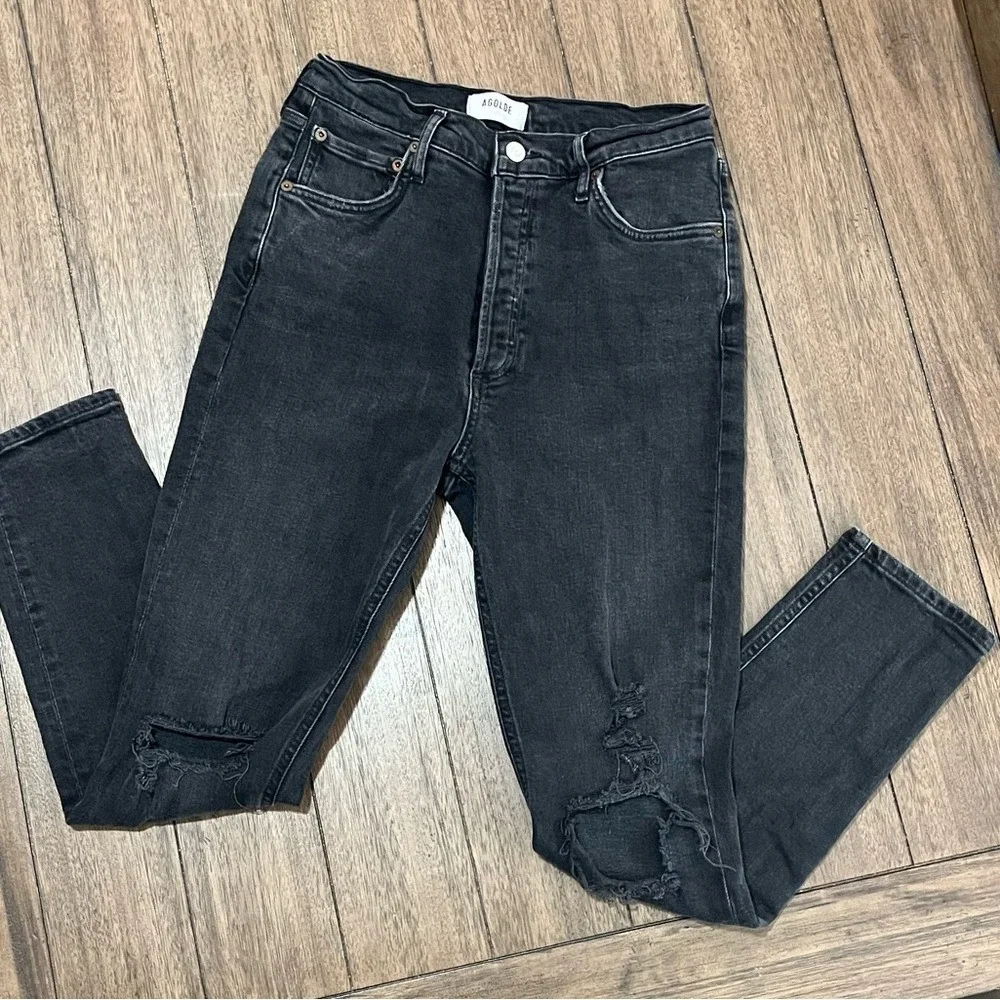 AGOLDE Nico High Rise Slim Straight Jeans Washed Black‎ Distressed Button Fly 29